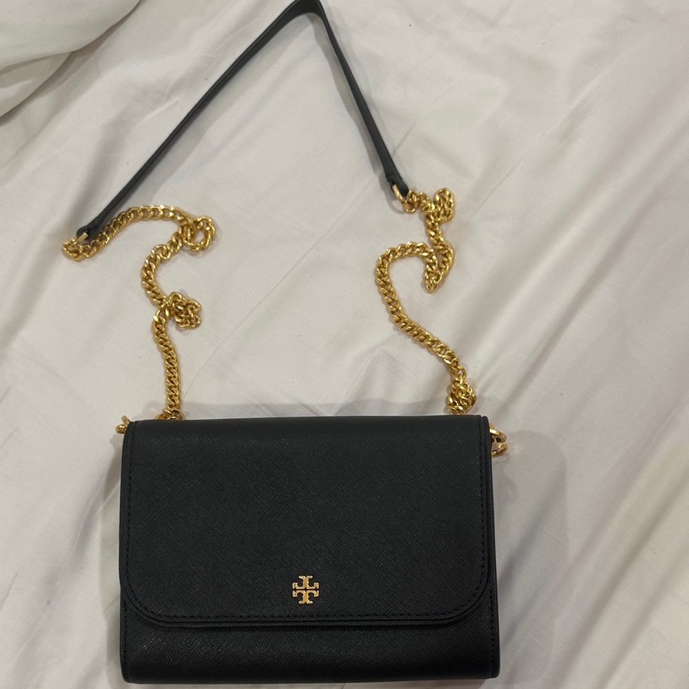 Tory Burch Black Leather Crossbody with Gold Chain